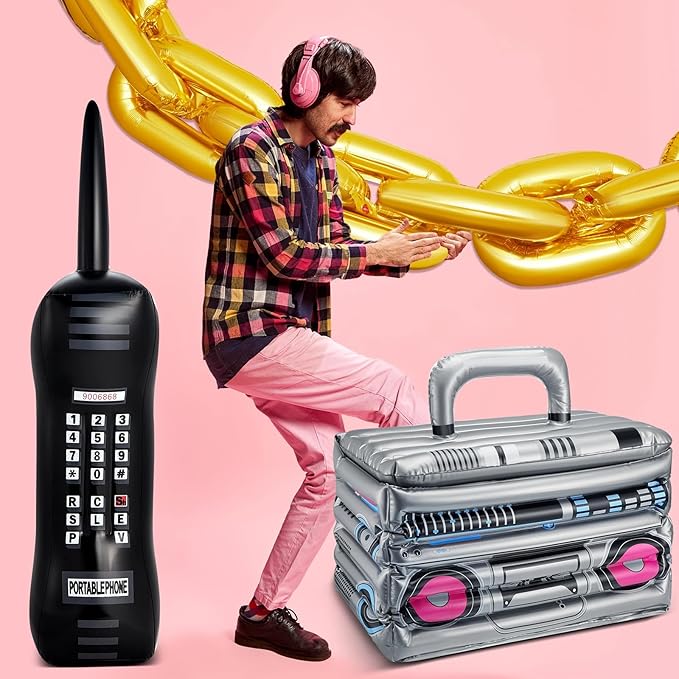 Cunhill 22 Pcs 80s 90s Party Decorations Include Inflatable Boom Box Beverage Cooler, Inflatable Mobile Phone and 20 Gold Foil Chain Balloons for Hip Hop Theme Supplies Cosplay Props
