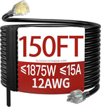 150 FT 12 Gauge Extension Cord Outdoor, Heavy Duty Weatherproof & Flame Retardant Black 3 Prong Power Cord with Light, Outside for Lawn & Garden, 15 Amps 1875 Watts 125 VAC 12AWG SJTW, ETL Listed