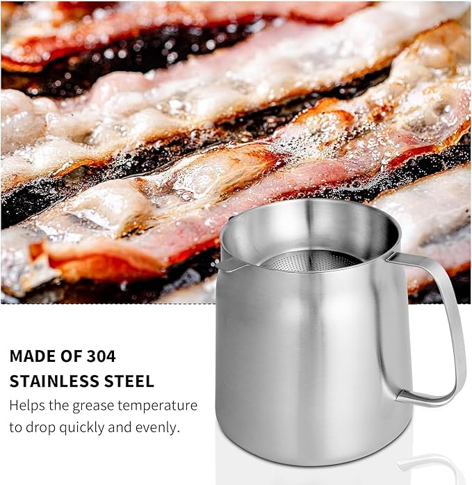 68oz 304 Stainless Steel Deep Fryer Pot with Basket & Strainer, Large Capacity Bacon Grease Container for Kitchen,Frying, Cooking, Camping,Oil Filter Container - Dishwasher Safe (68oz/2L/2.1Qt)