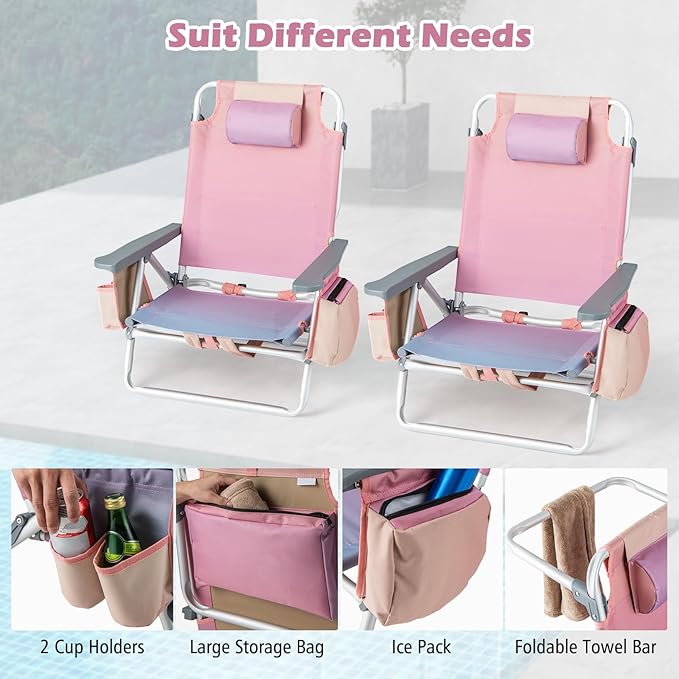 Goplus Beach Chair, Folding Backpack Beach Chairs for Adults with 5 Positions, Head Pillow, Cooler Bag, Towel Bar, Cup Holders, Sunbath Sling Tanning Lounge, Foldable Layout Camping Chairs