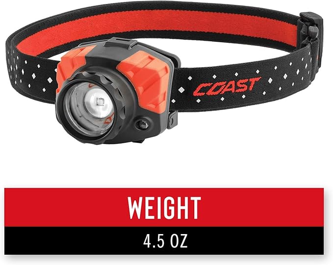 Coast FL85 615 Lumen Dual Color Pure Beam Focusing LED Headlamp with Twist Focus Hinged Beam Adjustment, Hard Hat Compatibility and Reflective Strap, Red