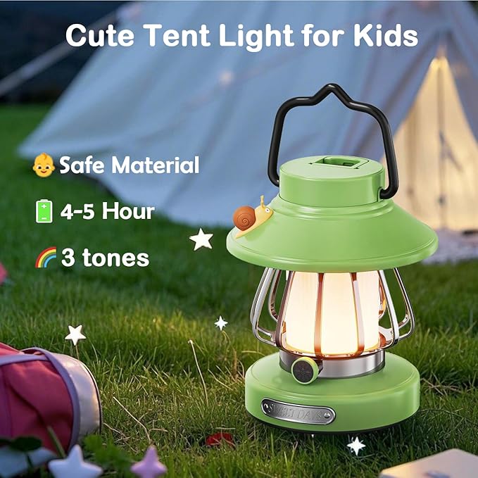 Kids Lantern with 3 Color Light & USB-C Rechargeable, Dimmable Camping Night Light for Children, Safe & Durable ABS Plastic Toddler Flashlight for Bedroom, Tent, Emergency (Green)