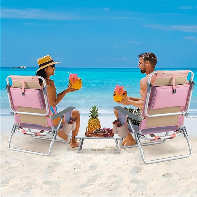 GYMAX Beach Chairs, Backpack Camping Chair with Armrest, Cooler Bag, Cup Holder, Towel Bar & Side Pockets, Sunbath Sling Tanning Lounge, Folding Layout Chair (4 Chairs Without Table, Pink)