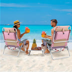 GYMAX Beach Chairs, Backpack Camping Chair with Armrest, Cooler Bag, Cup Holder, Towel Bar & Side Pockets, Sunbath Sling Tanning Lounge, Folding Layout Chair (Without Table, Pink)