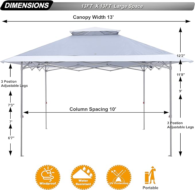 ABCCANOPY 13x13 Pop Up Canopy with Double Ventilated Top, 4 Sandbags, 4 Ropes and 8 Stakes (Gray)