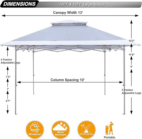 ABCCANOPY 13x13 Pop Up Canopy with Double Ventilated Top, 4 Sandbags, 4 Ropes and 8 Stakes (Gray)