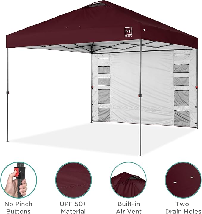 Best Choice Products 10x10ft Pop Up Canopy Tent with Sidewall, 1 Person 1 Minute Set Up, Carry Case, 4 Weight Bags - Burgundy