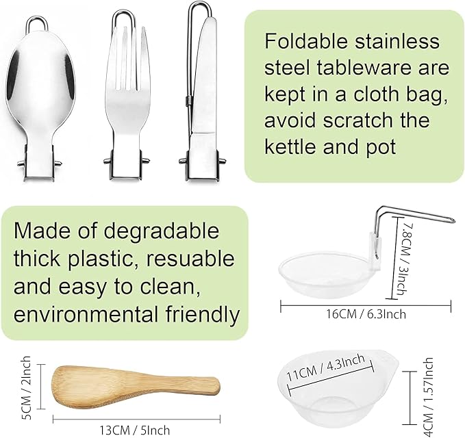 MDybf Camping Pans and Pots Kit, Portable Outdoor Cookware, Tea Kettle Bowl Tableware Set with Mesh for Trekking, Hiking, Backpacking, Picnic, for 2-3 Person (Cookware Set)