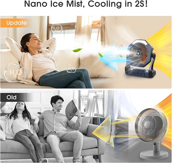 Ausic 10W Misting Solar Fan, 250ml Portable Outdoor Fans with Solar Panel, 8 Inch Battery Operated Rechargeable Cooling Fans with Hook, Camping Water Spray Fan for Travel/Beach/Patios/Chicken Coop