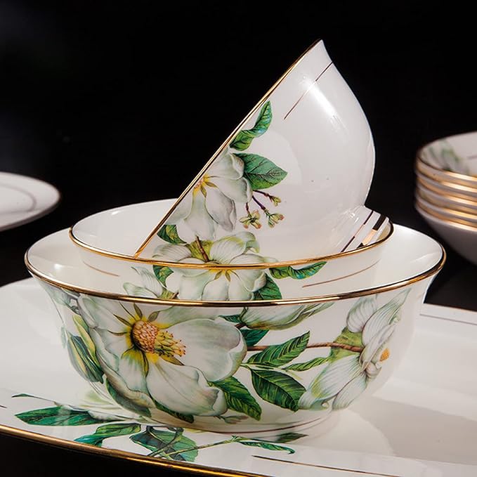 Bowl and Plate Sets White Ceramic Porcelain Decals Tableware Set Include Dinner Plate Dessert Plate Suitable for Family Hotel Restaurant