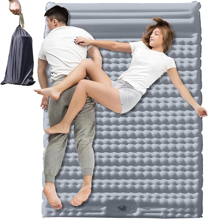 Double Camping Air Mattress with Built-in Foot Pump – Heavy-Duty 2 Person Inflatable Sleeping Pad, Waterproof & Portable for Hiking, Backpacking, Beach – Upgraded 84.6" x 51.5" (Grey)