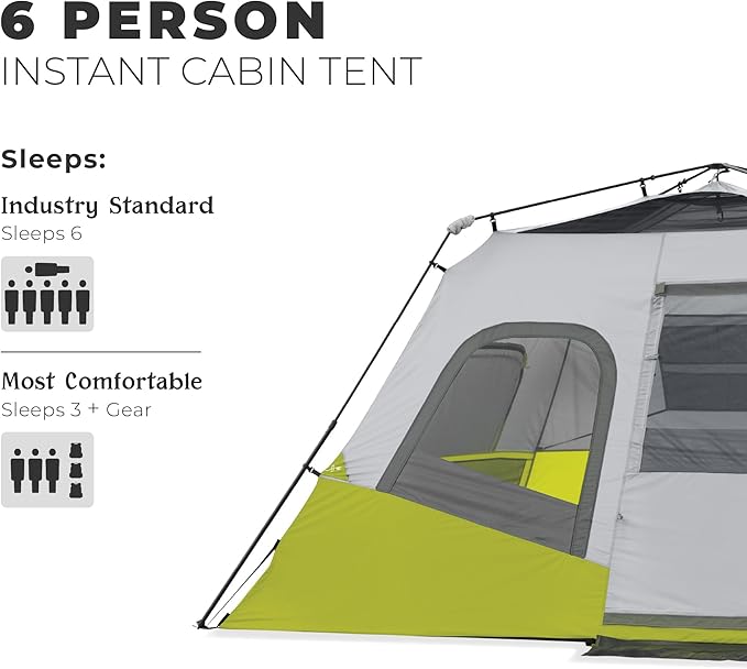 CORE Instant Cabin Tents | 6 Person / 9 Person / 10 Person / 12 Person Family Cabin Multi Room Pop Up Tents Car Camping | Included Storage Pockets for Camping Accessories