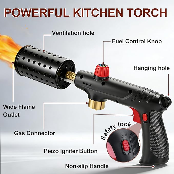 Propane Torch Gun，Flame Thrower,Cooking Blow Torch Gun with a Safety Lock,Charcoal Lighter,Adjustable Kitchen Torch Gun for Campfire，Grill, Sous Vide, BBQ (Tank Not Included)