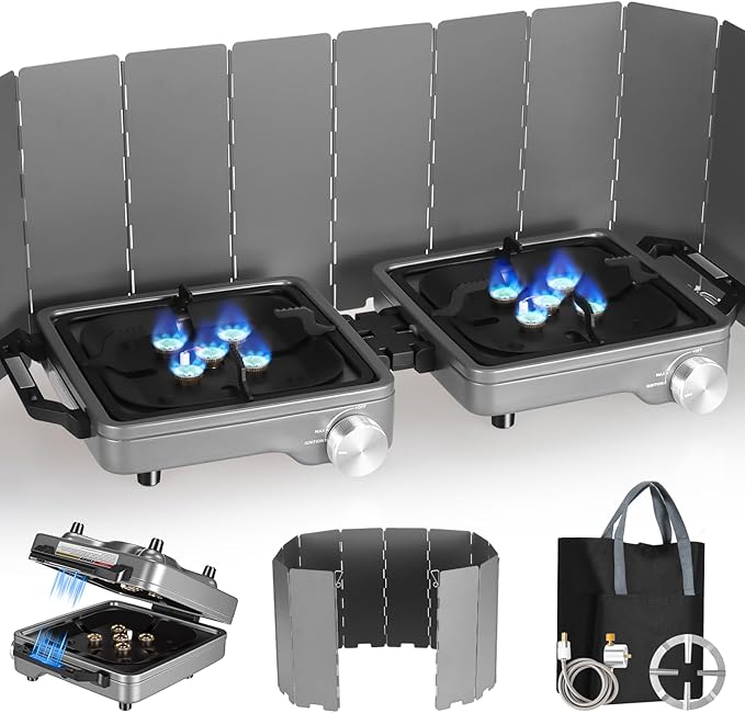 2 Burner Camping Stove with Windshield, 24000 BTU Propane Gas Stove,Portable Folding Camp Stove with Carry Bag, Piezo Ignition Adjustable Burners, Camping Essentials for Outdoor Tailgating Grilling