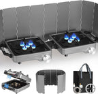 2 Burner Camping Stove with Windshield, 24000 BTU Propane Gas Stove,Portable Folding Camp Stove with Carry Bag, Piezo Ignition Adjustable Burners, Camping Essentials for Outdoor Tailgating Grilling