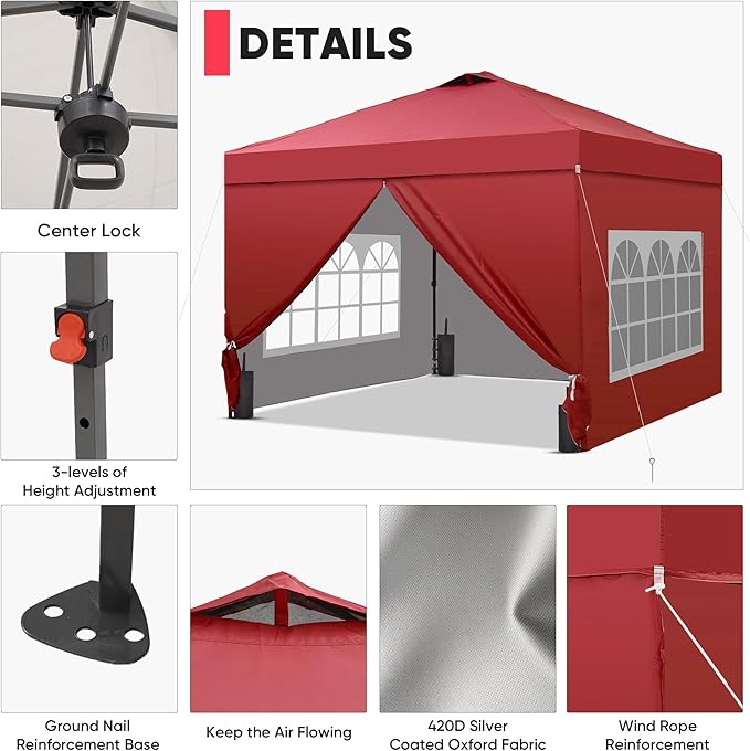 GDY 12x12 Pop Up Canopy Tent with 4 Sidewalls, Easy Set up with One Push Lift Gazebo with Wheel Bag and4 Sandbags,Carpas for Events, Parties,Camping, Red.