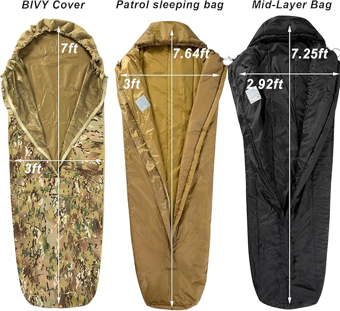 MT Military Modular Sleeping System, 3-Layer, Cold Weather Sleeping Bag, Waterproof Bivy Cover, Vacuum Compression Sack