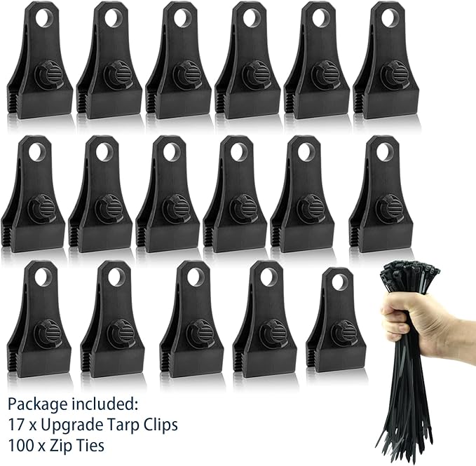 17Pcs Upgrade Heavy Duty Tarp Clips With 100Pcs Zip Ties - Lock Grip Clamps for Camping, Fasteners, Linoleum, Awning, Pool Cover, Caravan Canopies, Car
