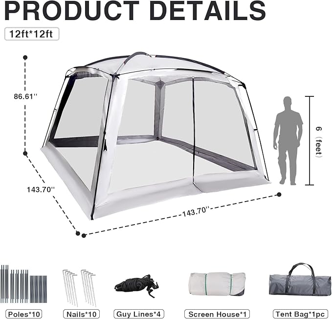 12' X 12' Screen Tent for Camping Canopy Easy Set Up Camper Screen House Room Porch Screened Gazebo 8-10 Person Screenhouse Bug Mesh Shade Tent UPF 50+ Screen Sun Shelter for Outdoor Patios