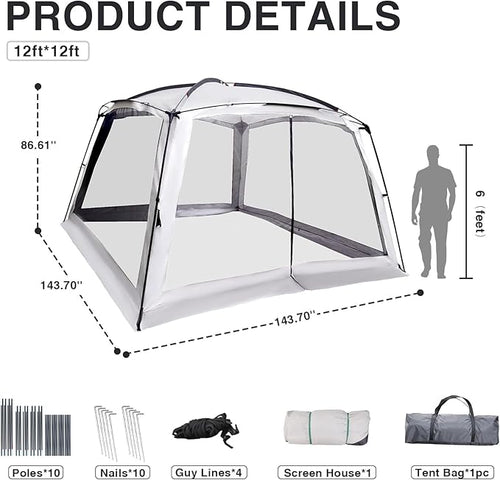 12' X 12' Screen Tent for Camping Canopy Easy Set Up Camper Screen House Room Porch Screened Gazebo 8-10 Person Screenhouse Bug Mesh Shade Tent UPF 50+ Screen Sun Shelter for Outdoor Patios