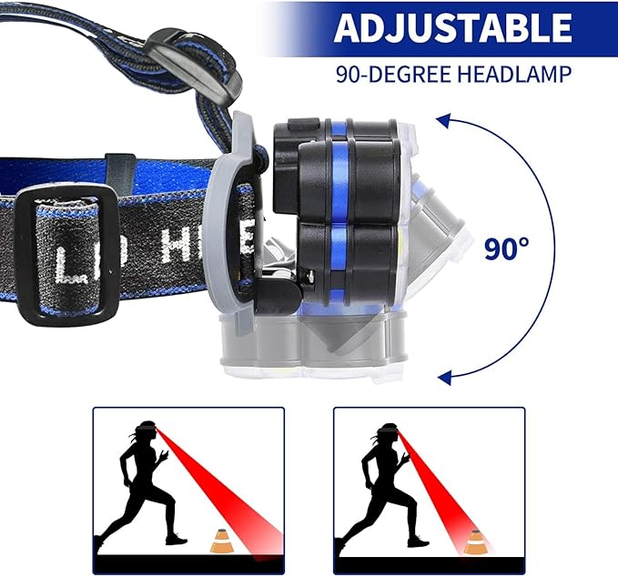 Rechargeable Headlamp, 8 LED 18000lm IPX4, Red Light Flashlight, USB Cable 8 Modes Outdoors Camping Running Fishing Hiking (Blue Headband)