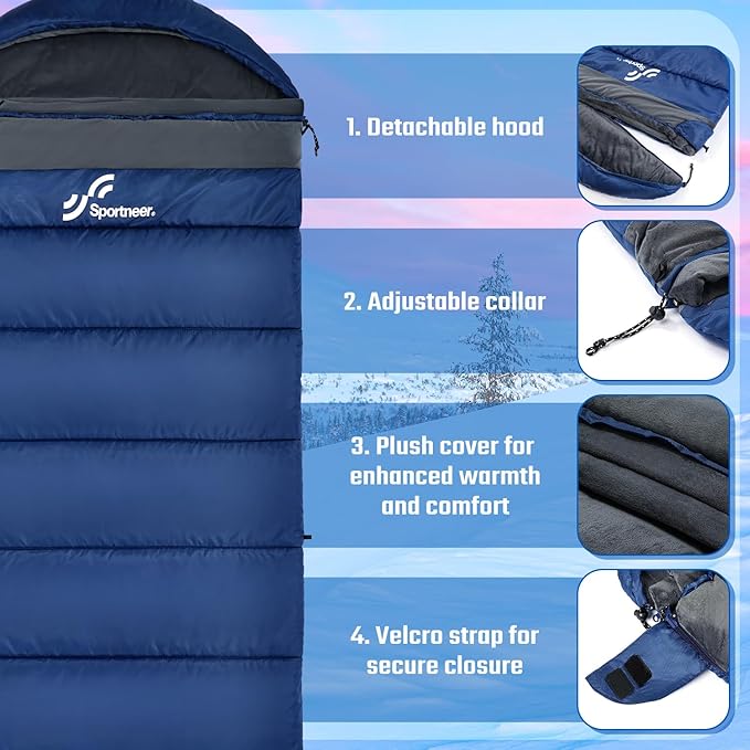 Sportneer 0 Degree Sleeping Bag, Crystal Velvet Fabric Lining XXL Winter Cold Weather Sleeping Bag, Big and Tall Zero Degree Camping, Detachable Hood Compression Sack