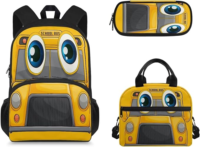 Cute Yellow Bus Schoolbag Kids Bookpack Set with Lunch Bag and Pencil Case Teens Boys and Girls Cartoon Laptop Bookpack School Bag Set for Elementary Middle Student 3 in 1