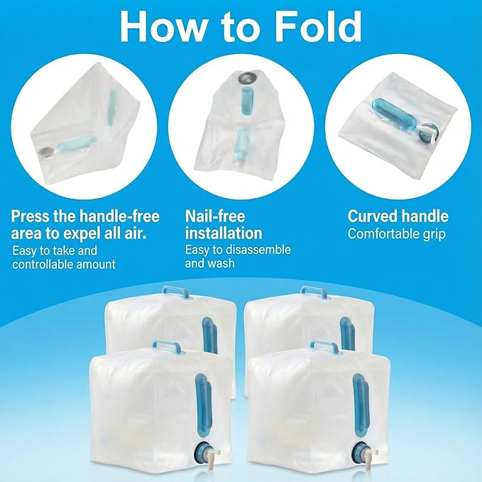 4-Pack 5.3Gal Collapsible Water Containers with Spigot - Labor-Saving Dual Handles - BPA Free Food Grade Canteen for Outdoor Hiking, Camping, Emergency - Portable, Foldable