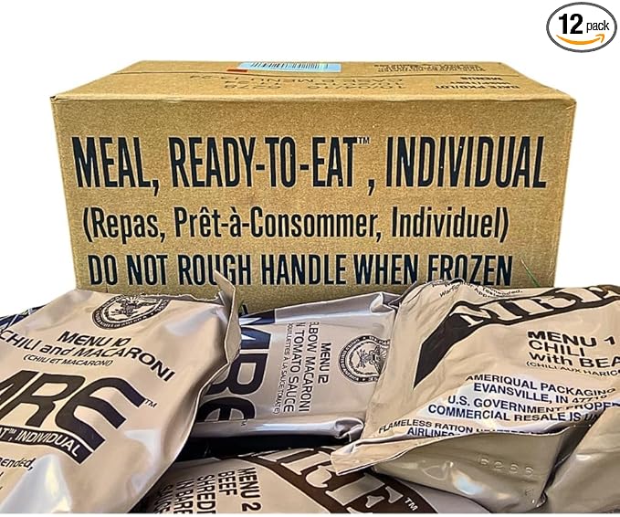 MRE B case 2026, 2027 inspection - Military meals ready to eat - 12 full food packs rations with 1,250 calories per meal and heater for camping - B case (menus 13-24)
