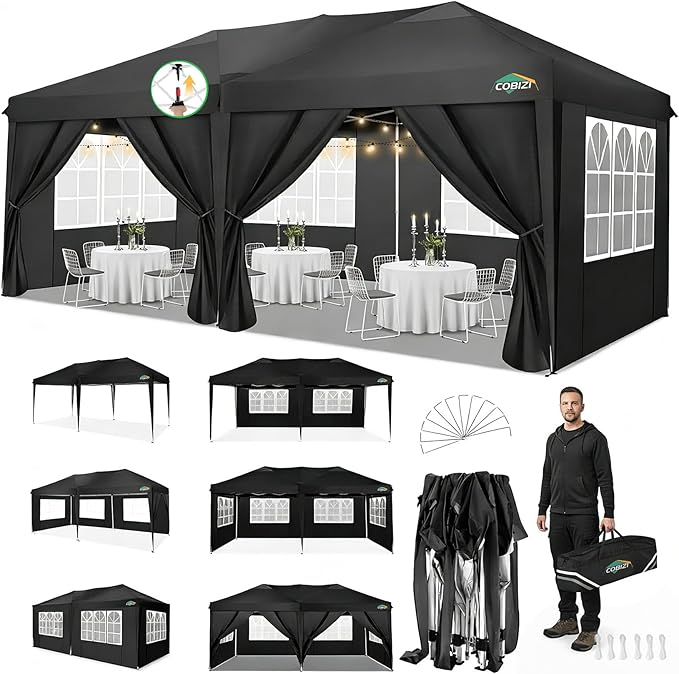 COBIZI 10x20 Pop Up Canopy Tent Commercial Instant Shelter with 6 Sidewalls, Durable Waterproof Portable Gazebo UPF 50+ for Outdoor Party, Wedding, Vendor Events (Black)
