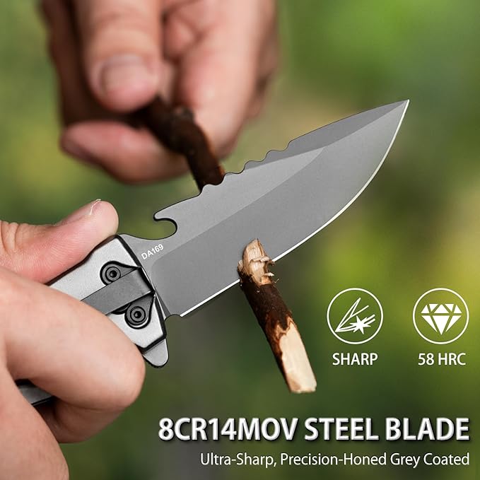 NedFoss DA169 Pocket Knife for Men Women, 4 in 1 Pocket Folding Tactical Knives, Survival Knife with Seat Belt Cutter, Glass Breaker, Bottle Opener Camping Knives, Cool Hunting knife for Men Knives, Mens Stocking Stuffers Fathers Day Gift for Dad (Grey)