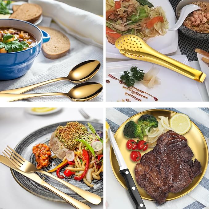 Silverware Flatware Cutlery Set, Outdoor Camping Stainless Steel Table Knife, Fork, Spoon, Plate, Food Clip, Portable Tableware Bag Set.Gold-4Set