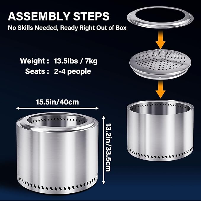 HGD 15" Smokeless Fire Pit Outdoor, Stainless Steel Wood Burning Firepit with Secondary Combustion, Backyard Patio Stove for Garden, BBQ & Bonfire