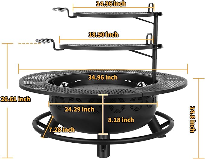 Hykolity 35 Inch Fire Pit with 2 Cooking Grate & Charcoal Pan, Outdoor Wood Burning BBQ Grill Firepit Bowl with Cover Lid, Steel Round Table for Backyard Bonfire Patio Picnic