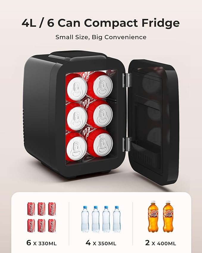Mini Fridge, 4 Liter/6 Can Portable Refrigerator for Bedroom Office Dorm Car– Fast Cooling, Low Noise, 100-125V AC/5-12V USB Small Compact Refrigerator for Skincare, Food, Drinks(Black)