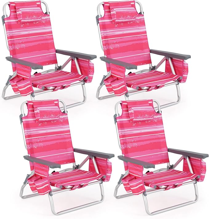 Tangkula Set of 4 Backpack Beach Chair, 5-Position Lay Flat Beach Chairs with Cooler Bag, 2 Cup Holders, Towel Bar, Lightweight Low Folding Beach Chair with Backpack Straps