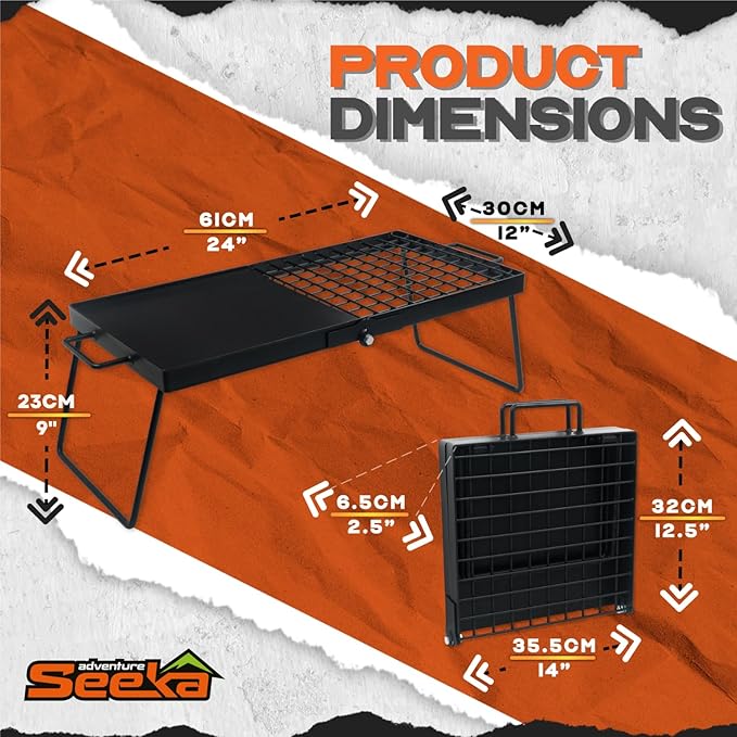 24" Heavy Duty Folding Campfire Grill, Food-Safe Cooking Surface, Compact Folding Design, Portable Grill Grate & Griddle for Campfire Cooking, Australian Designed & Owned