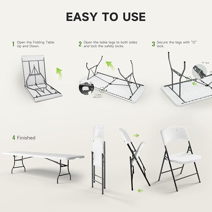 8FT Folding Table Set with 10 Folding Chairs, Heavy Duty 660 lbs Table & 600 lbs Chairs, Portable Folding Furniture Bundle for Camping, Party, Indoor & Outdoor Use