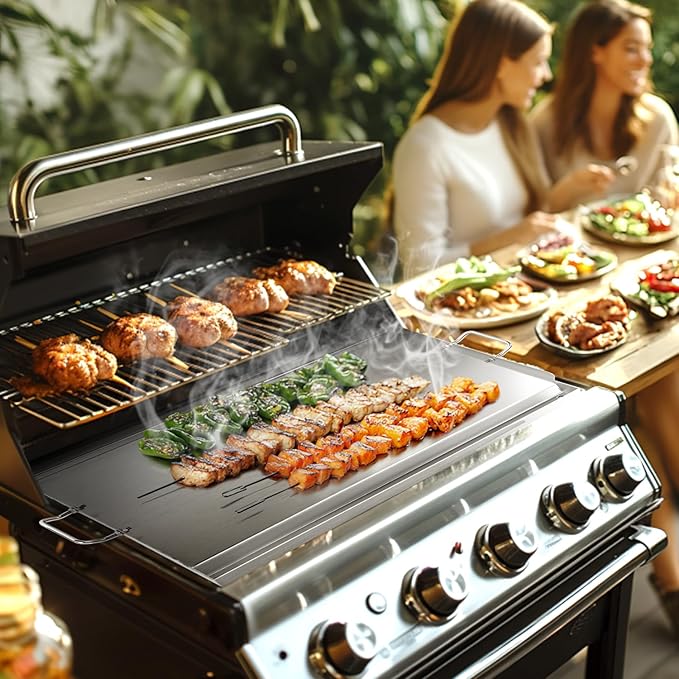 LotFun 23" x 16" Stainless Steel Cooking Griddle for Outdoor Gas Grill, Universal Griddle Flat Top Plate Insert with Grease Groove and Removable Handles for Electric/Charcoal/Gas Grill, Camping,Party