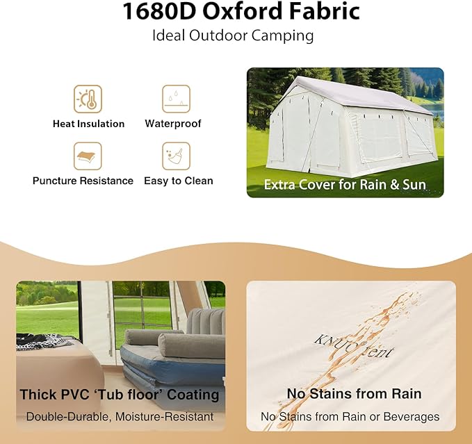 2025 Upgraded Waterproof Inflatable Camping Tent, Large Blow-Up Air Tent, No Assembly Needed Luxury Glamping House, Oxford Fabric
