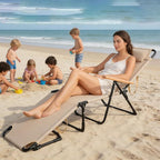 Folding Outdoor Chaise Lounge Chair, Portable Camping Cot with Headrest, 4 Position Beach Lounge with Cup Holders & Wooden Armrests, Sun Tanning Chair for Patio Pool Lawn, Supports 350lbs (Beige)