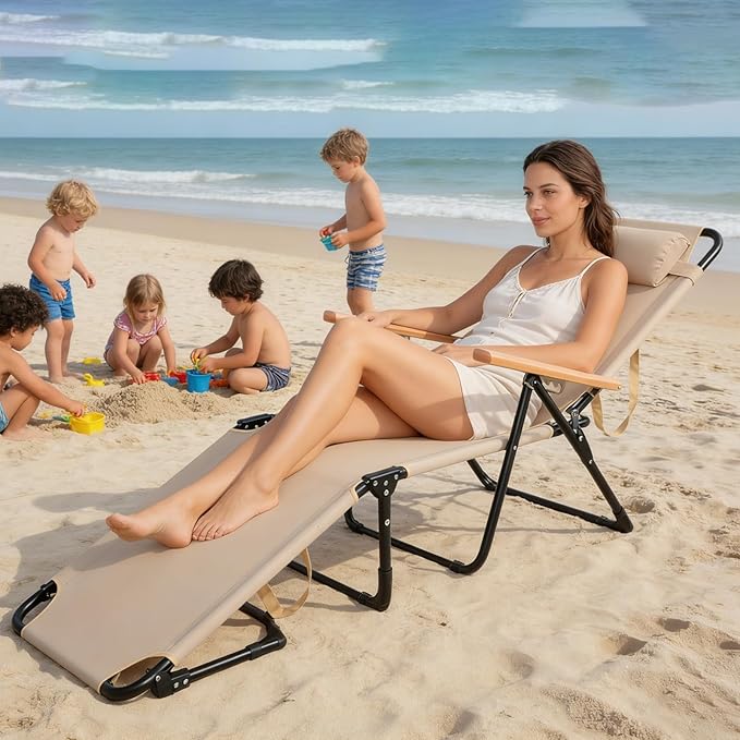Folding Outdoor Chaise Lounge Chair, Portable Camping Cot with Headrest, 4 Position Beach Lounge with Cup Holders & Wooden Armrests, Sun Tanning Chair for Patio Pool Lawn, Supports 350lbs (Beige)