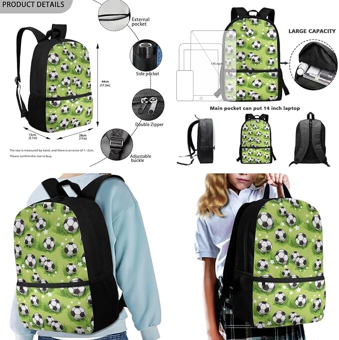 Rnyleeg Grass Soccer Backpack for Boys 5-6 Green Kids Backpack with Lunch Bag Lightweight 3 Pcs School Bag Set for Elementary Students