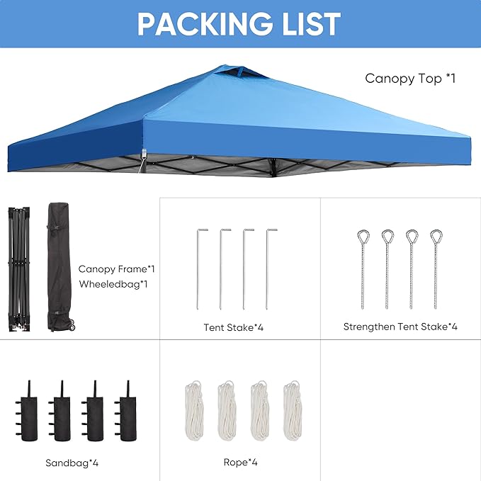GDY 12x12 Pop Up Canopy Patio Carpas, One Push Set up with Central Lock Canopy with Wheeled Carry Bag, Included 4 Sandbaogs,8 Stakes and 4 Ropes, Blue