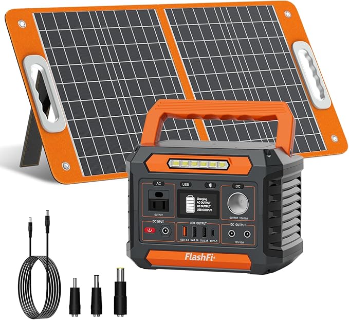 FF Flashfish Solar Generator With Solar Panel, 144.3Wh/39000mAh Electri Generator With 60W Solar Panel with, Emergency Power Supply with AC/DC/USB/Type C/LED Lights for Camping, Home, Power Outage