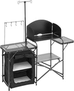 VEVOR Camping Kitchen Table, Outdoor Camp Cooking Table, Aluminum Portable Cook Station with Storage Cupboard, Carrying Bag, Detachable Windscreen, Quick Set-up for BBQ Party Picnic RV Travel, Black