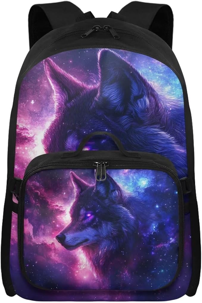 Galaxy Backpack for Men Wolf School Bag for Travel Lightweight Mens Bookbag with Lunch Box for Outdoor Hiking Camping Casual Daycare Back Pack