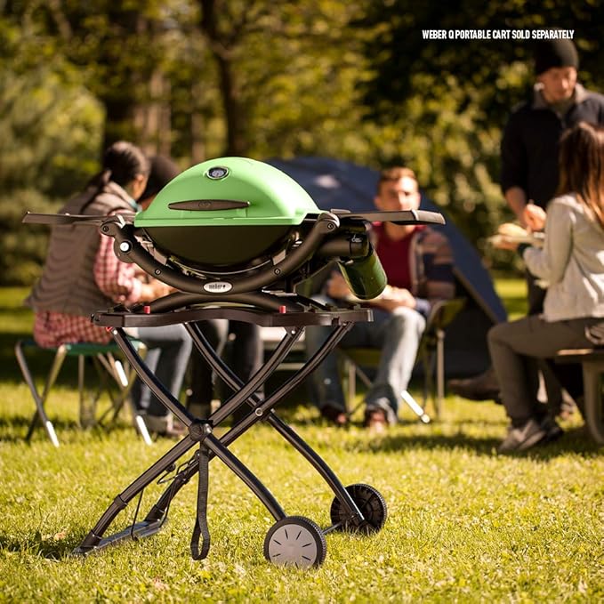 Weber Q1200 Liquid Propane Portable Gas Grill, Green – 1‑Burner Travel and Camping Grill with Cast‑Iron Grates & Electronic Ignition (8,500 BTU Burner)