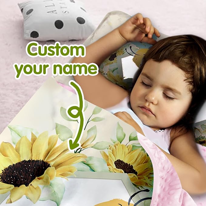 Custom Toddler Nap Mat for Preschool, Personalized Name Kids Sleeping Bag with Yellow Bee Pattern for Daycare, Roll Up Sleeping Mat with Removable Pillow and Soft Dot Minky Blanke for Girls Camping