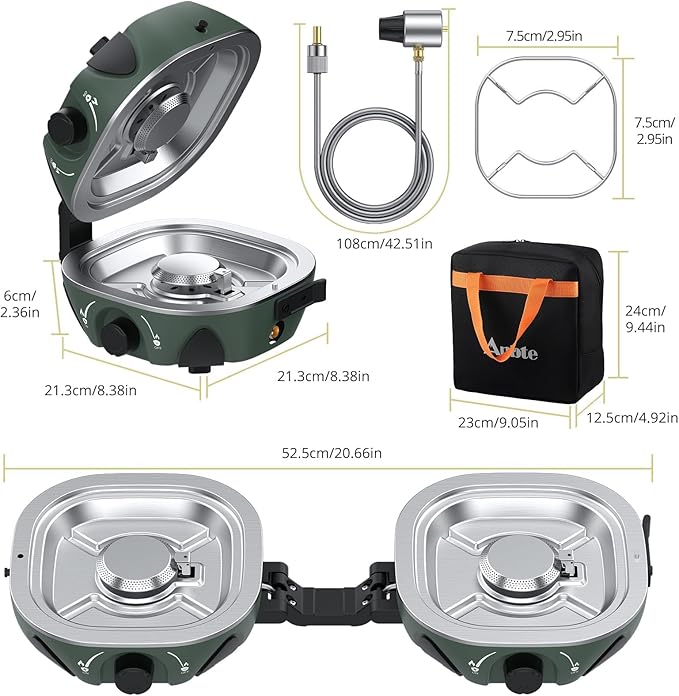 Anbte 20,000 BTU 2-Burner Propane Foldable Camping Stove, Portable Camping Stove with Adjustable Burners 20.6" Wide Spacing & Complete Kit, for Cooking, Car Camping, Beach, RV, Tailgating Essentials